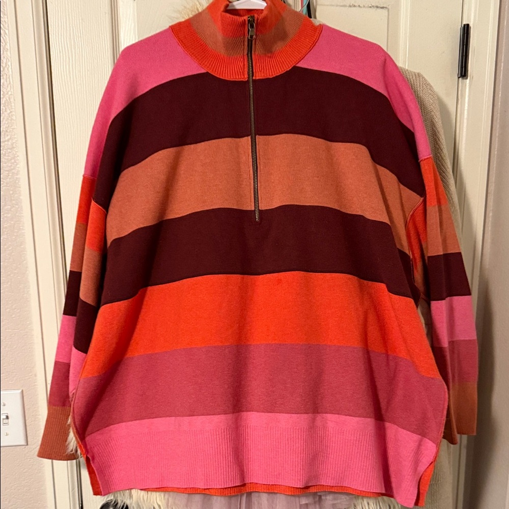 Free People Women’s Zip Up Sweater in Pink and Orange Stripes